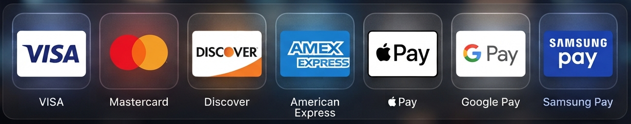 Accepted payment methods: Visa, Mastercard, Discover, American Express, Apple Pay, Google Pay and Samsung Pay